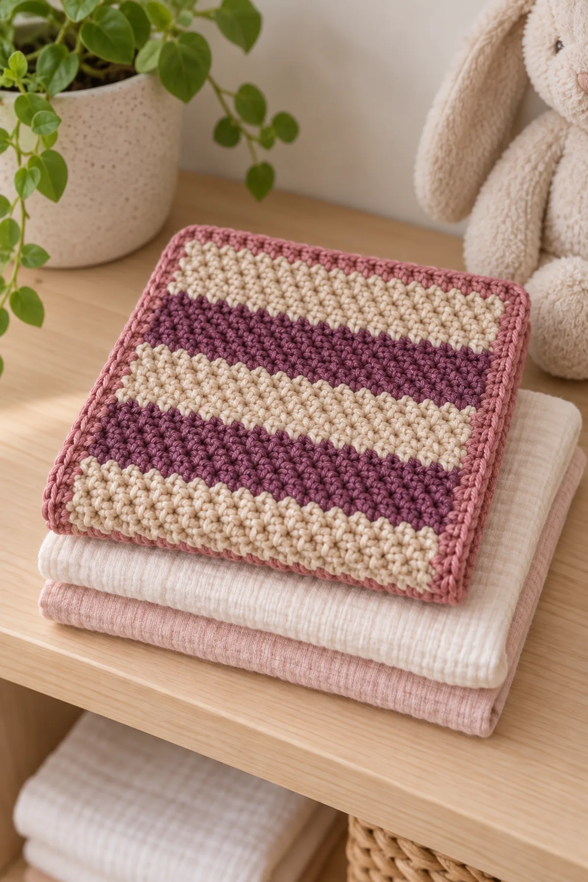 Finished oatberry seed-stitch baby bath cloth folded with plain muslin cloths on a clean nursery shelf