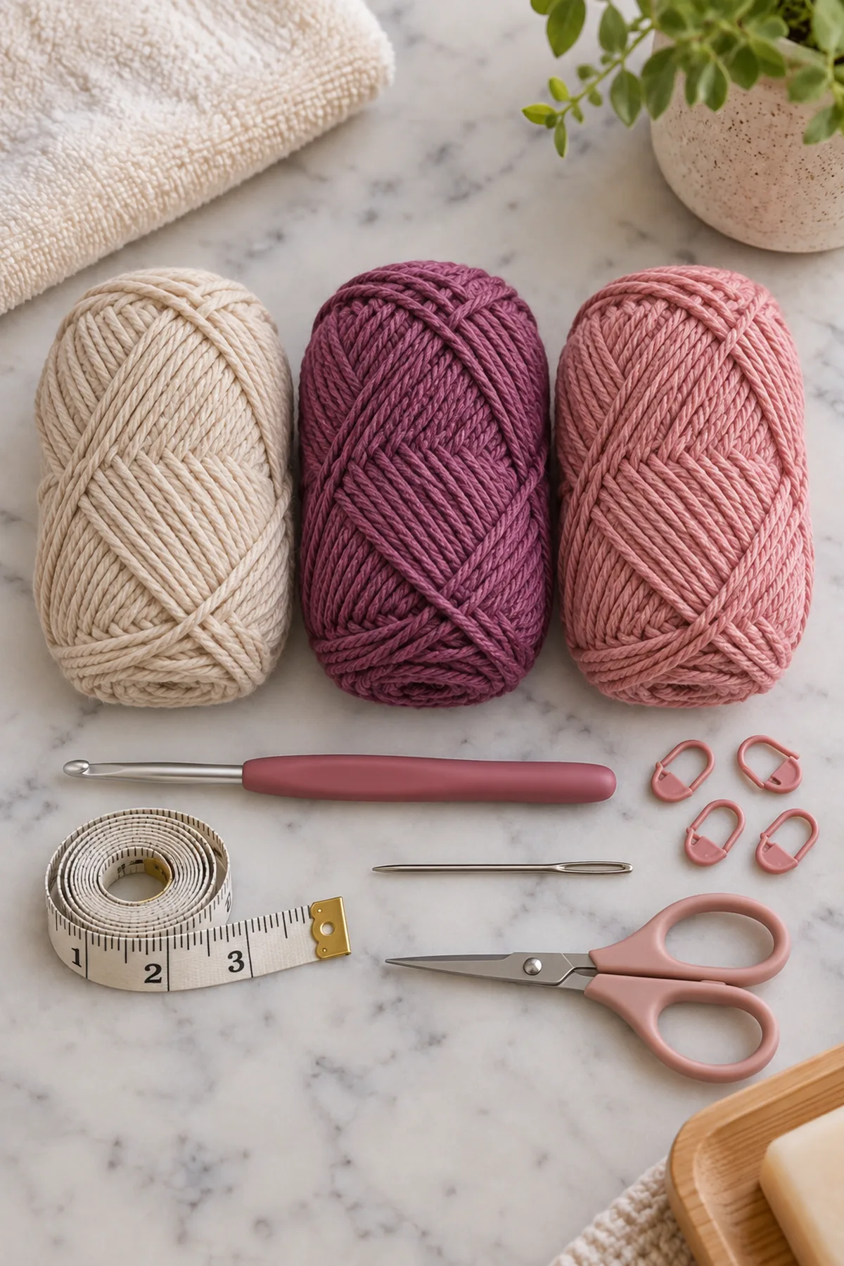 Oatmeal berry-purple and dusty-rose cotton DK yarn, 4 mm hook, markers, tape measure, needle, and scissors