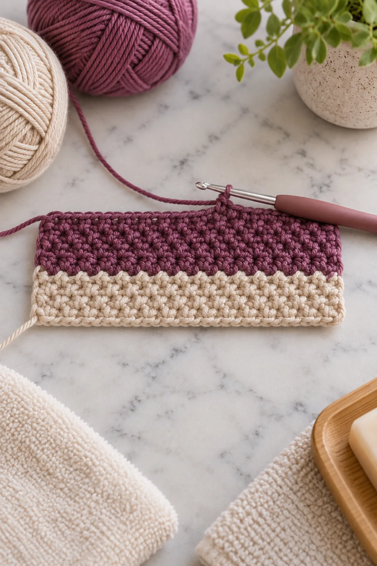 Early 30-position cotton bath cloth showing first oatmeal and berry-purple seed-stitch bands