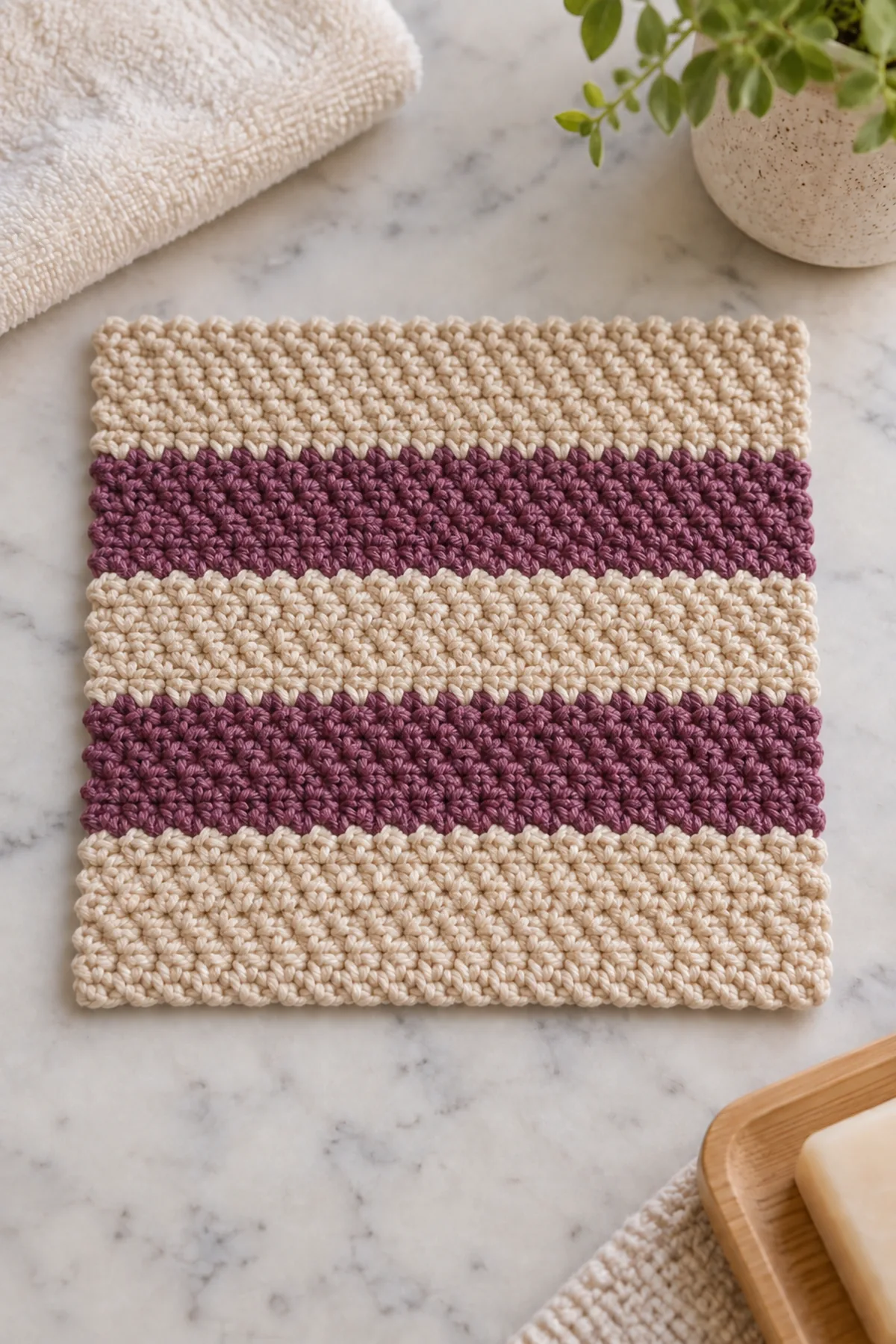 Completed oatberry seed-stitch bath cloth square before the dusty-rose border
