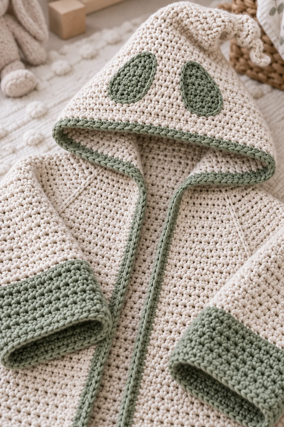 Close-up of the stitch texture and securely finished details on crochet oogie hooded scarf for kids