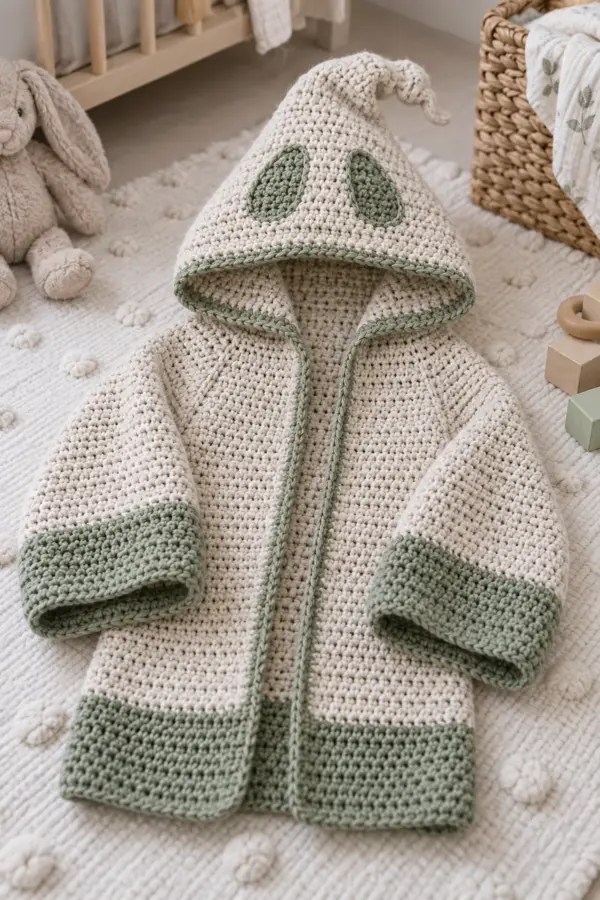 Finished crochet oogie hooded scarf for kids in soft cream and sage yarn on a neutral nursery surface