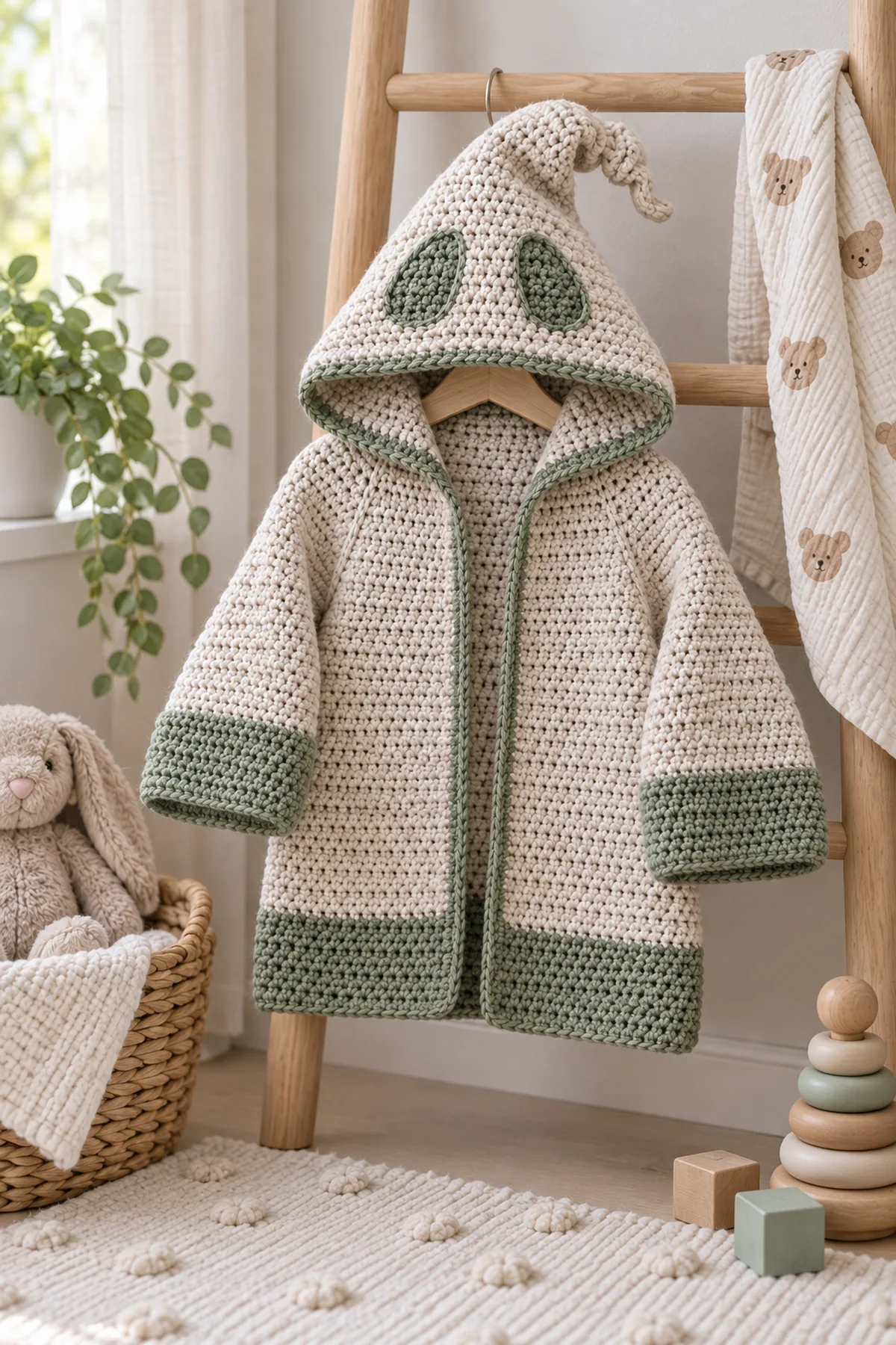 Finished crochet oogie hooded scarf for kids styled in a calm bright nursery setting without a baby present