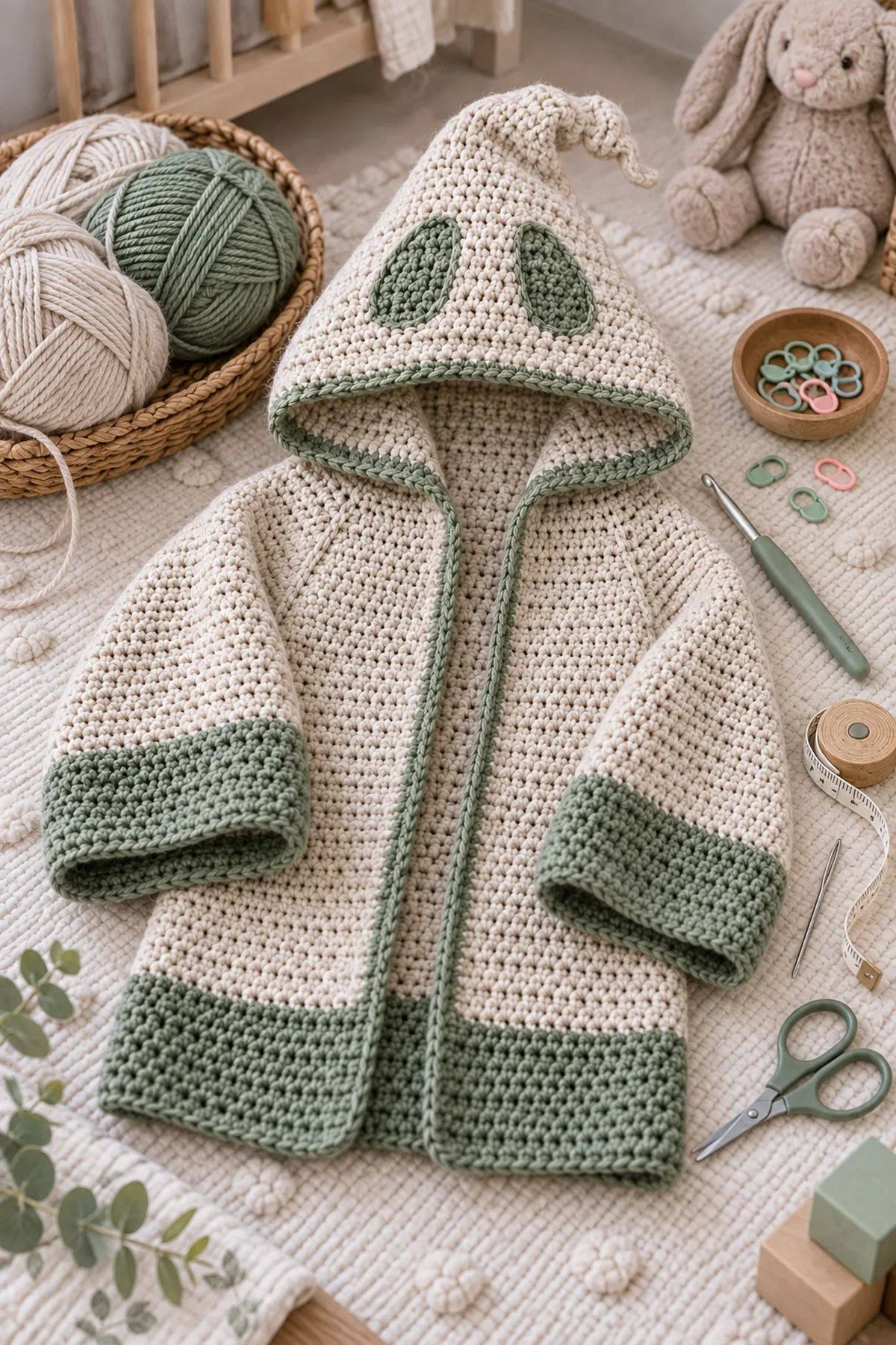 Baby-friendly yarn, crochet hook, stitch markers, tape measure, yarn needle, and scissors for crochet oogie hooded scarf for kids