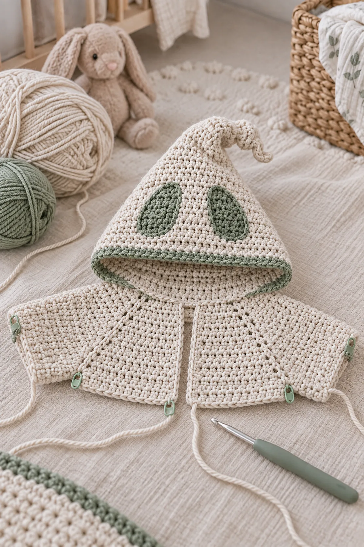 Early counted crochet stage of crochet oogie hooded scarf for kids with matching yarn and hook