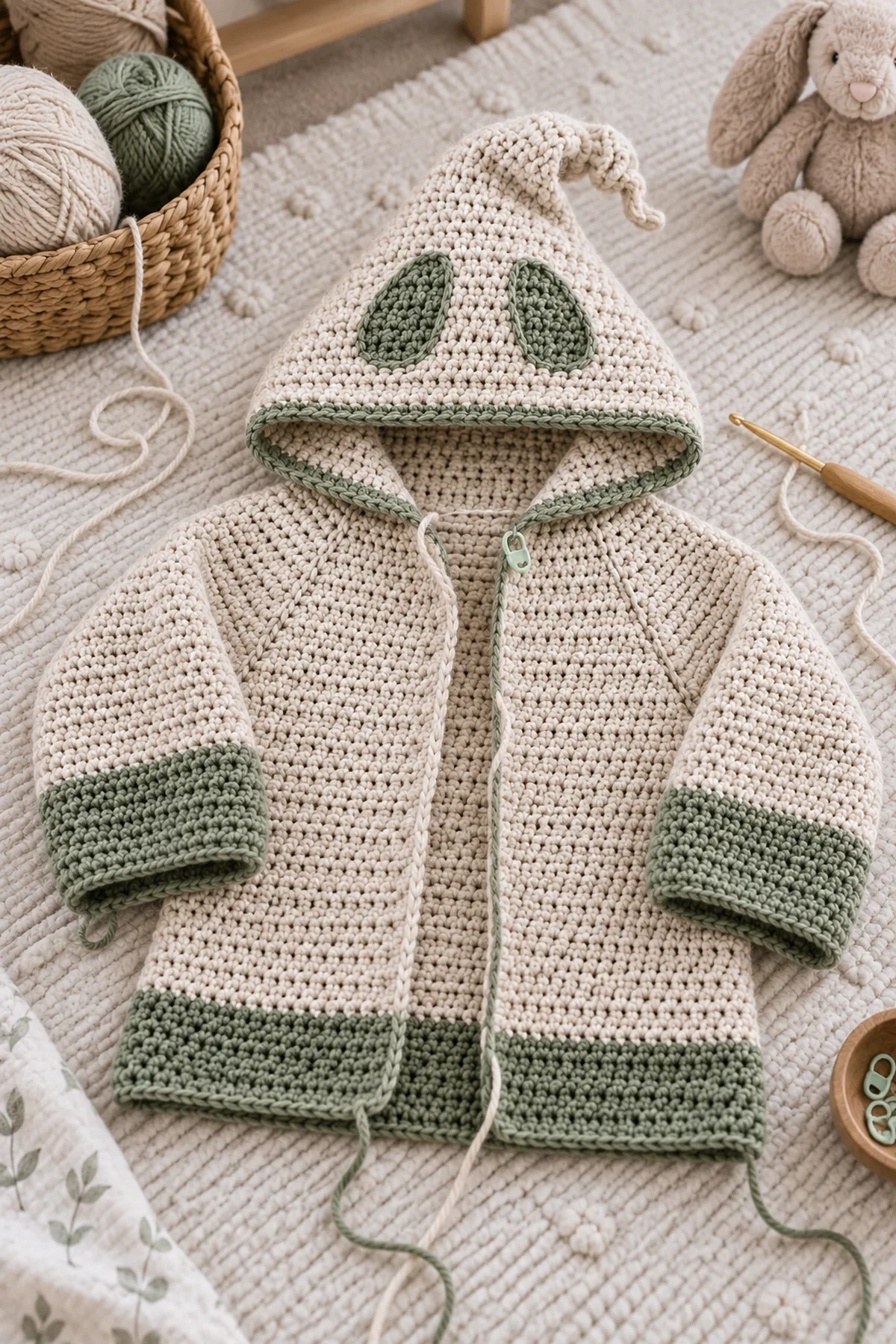 Mid-process construction of crochet oogie hooded scarf for kids showing the established shape