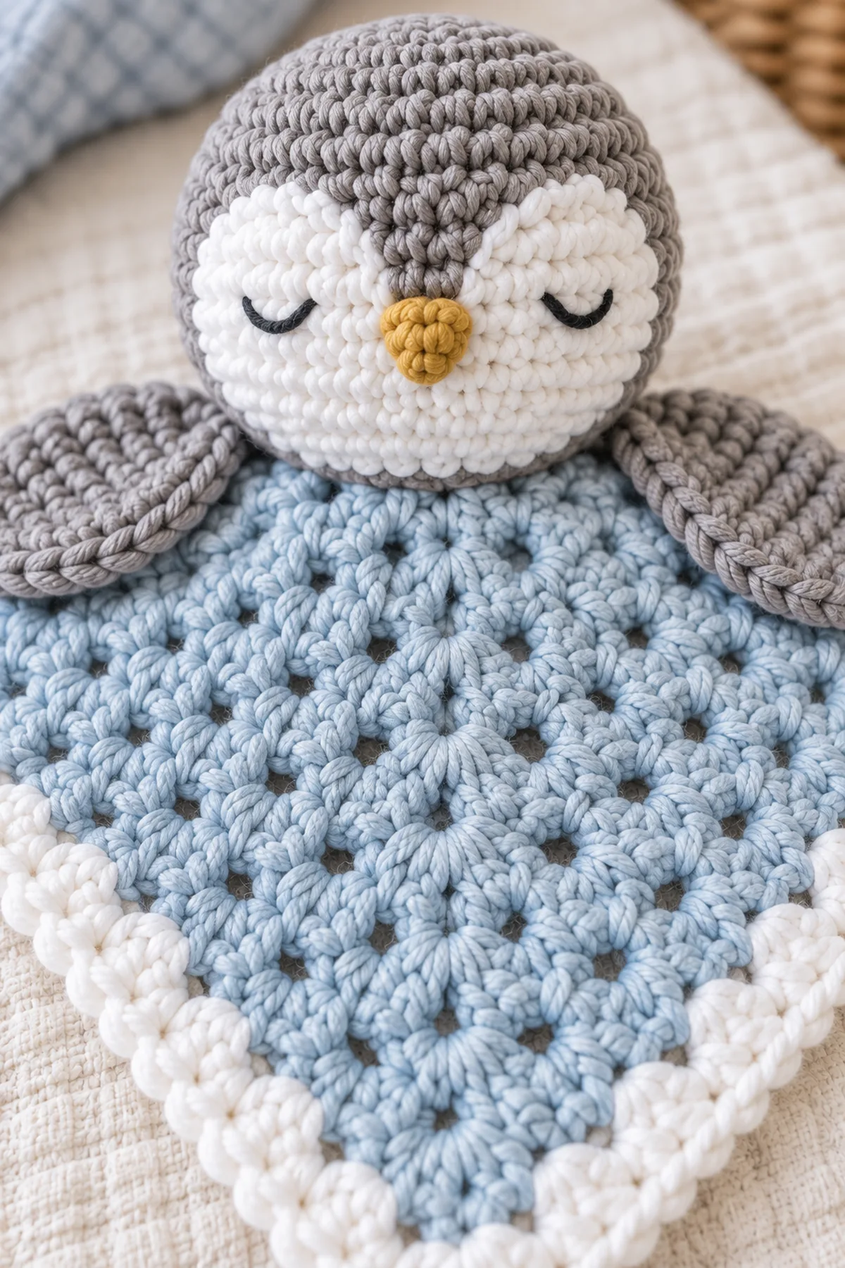 Close view of sleepy embroidered penguin eyes, tiny mustard beak, white face patch, wing seams, border, and reinforced center join