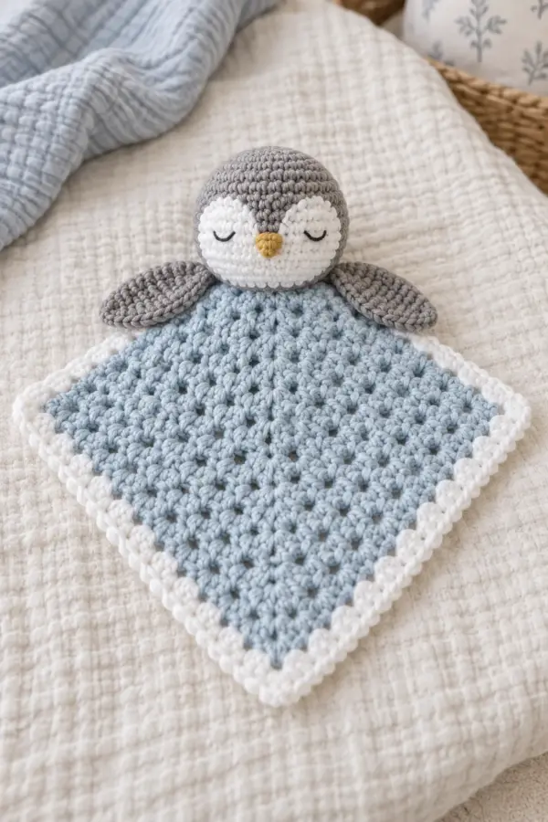 Finished icy-blue crochet baby lovey with white border and centered pebble-gray penguin head with flat wings