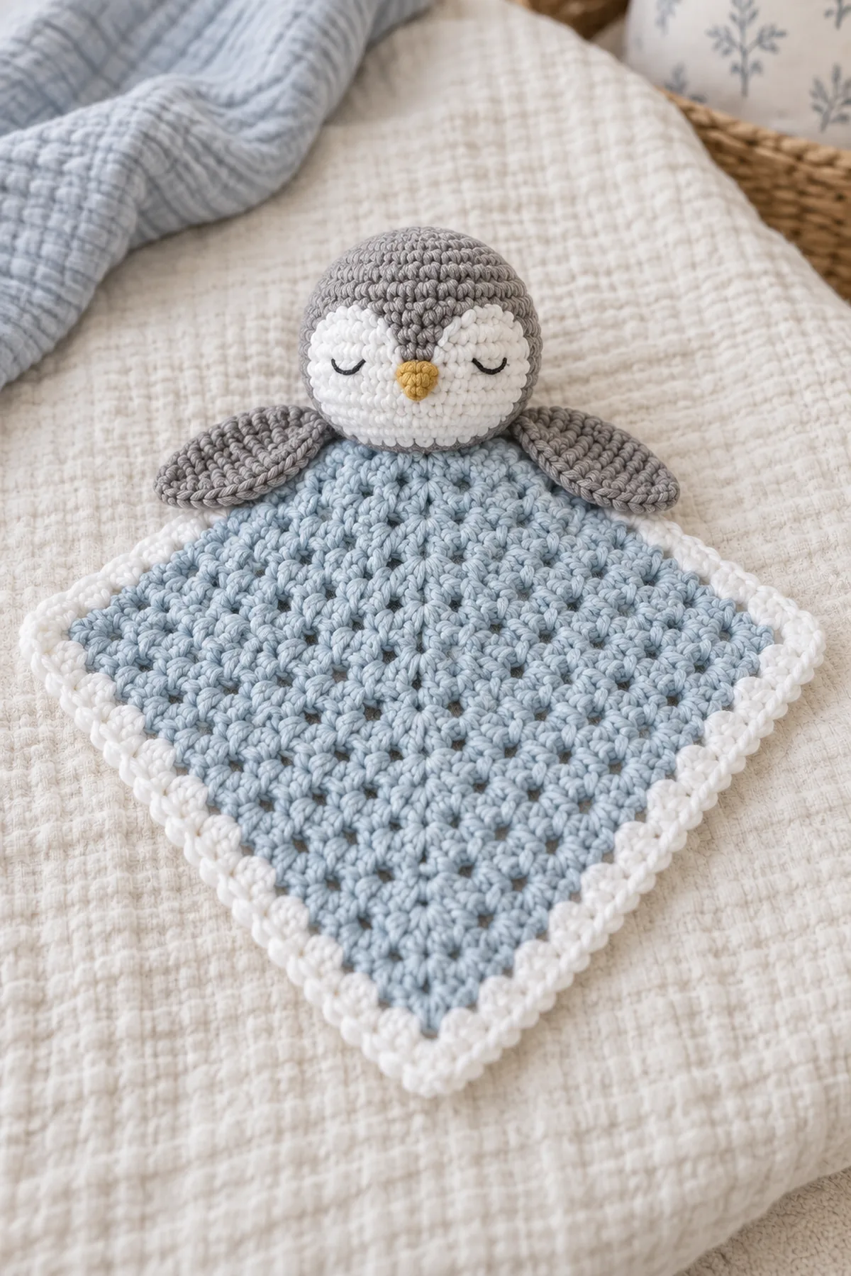 Finished icy-blue crochet baby lovey with white border and centered pebble-gray penguin head with flat wings