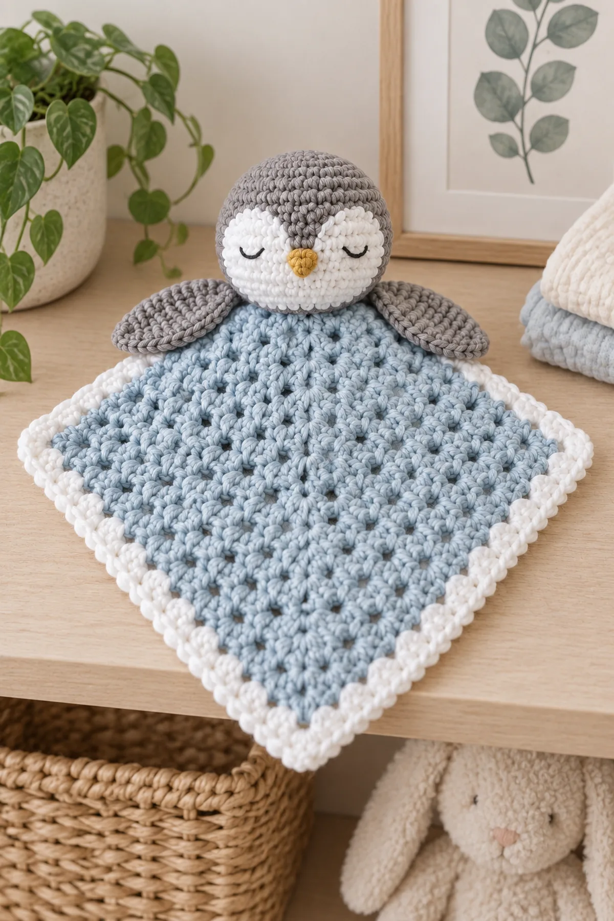 Finished pebble puff penguin baby lovey arranged flat on a neutral nursery shelf without a baby or crib