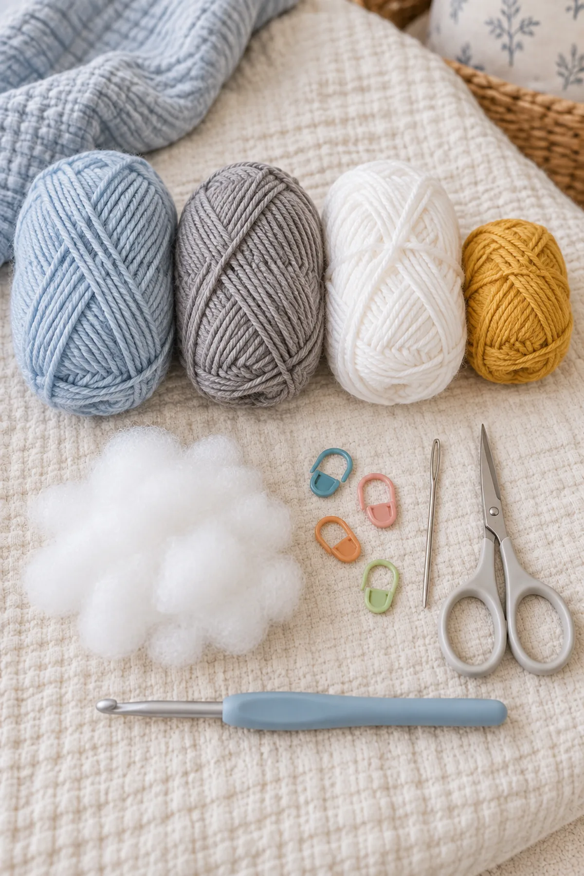 Icy-blue pebble-gray white and mustard DK yarn, 3.5 mm hook, washable stuffing, markers, needle, and scissors