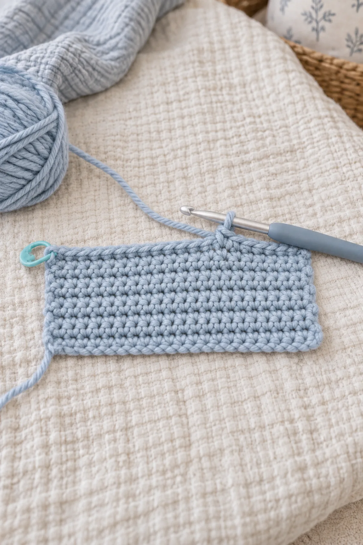 Early icy-blue 42-stitch single-crochet lovey square in straight turned rows