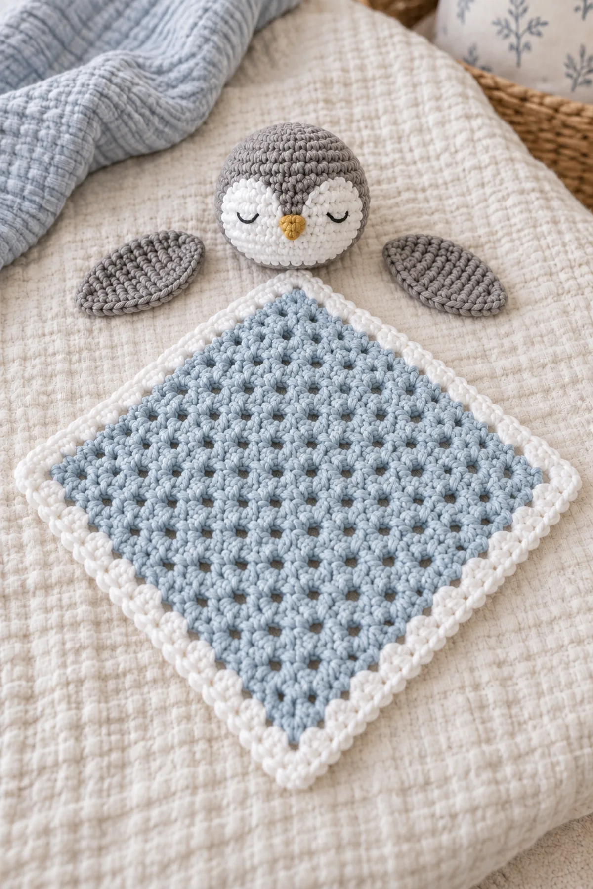 Blocked blue lovey square beside separate gray penguin head, white face patch, and two flat wings before assembly
