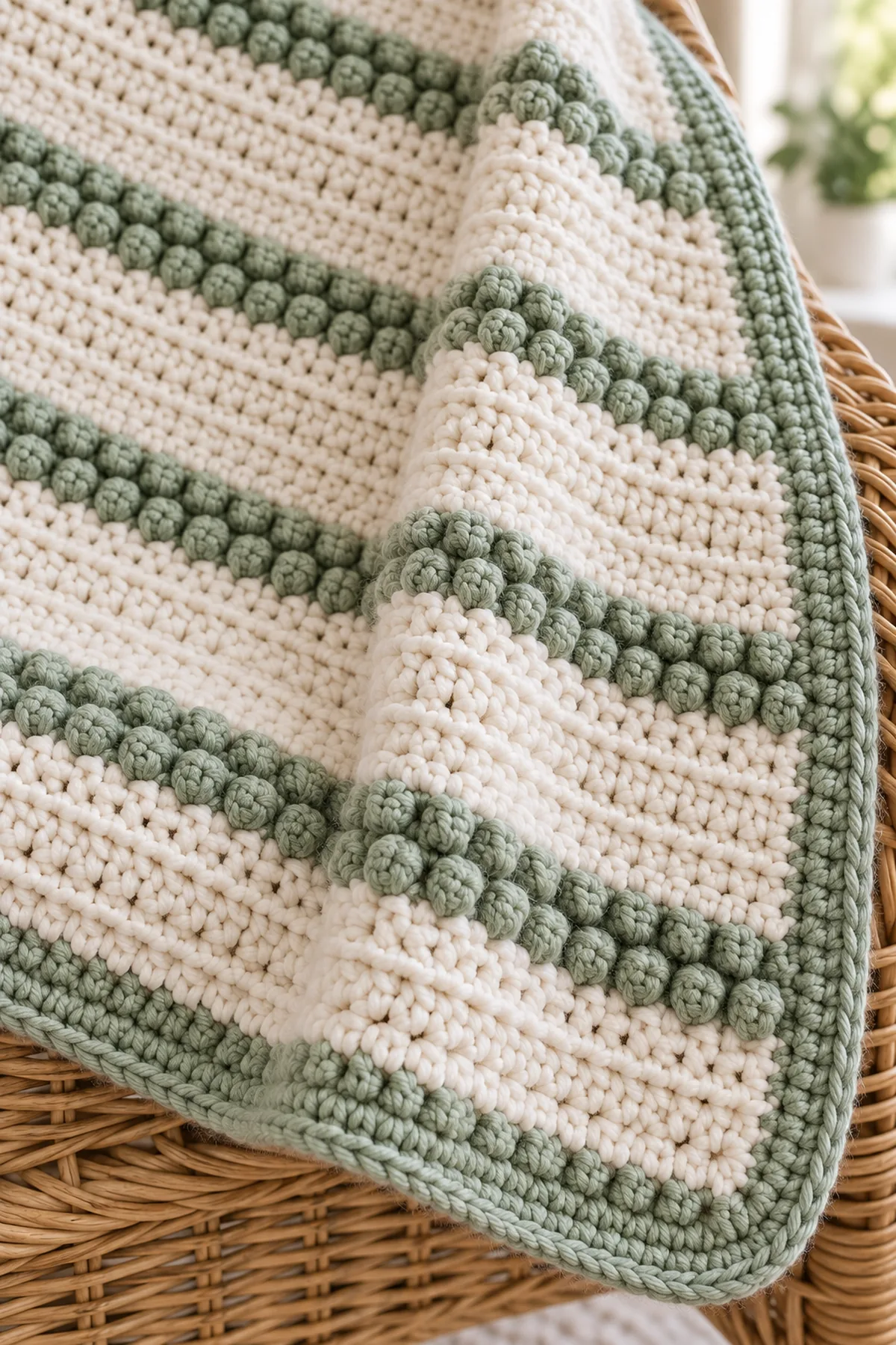 Close-up of the stitch texture and securely finished details on crochet pebble stripe baby blanket