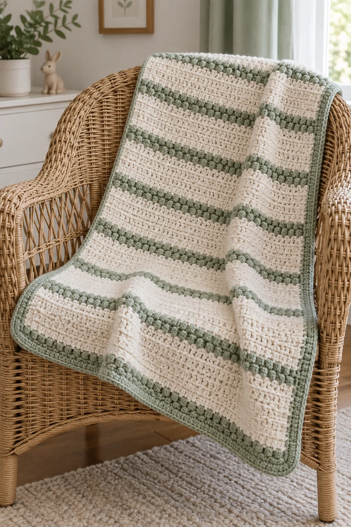 Finished crochet pebble stripe baby blanket in soft cream and sage yarn on a neutral nursery surface