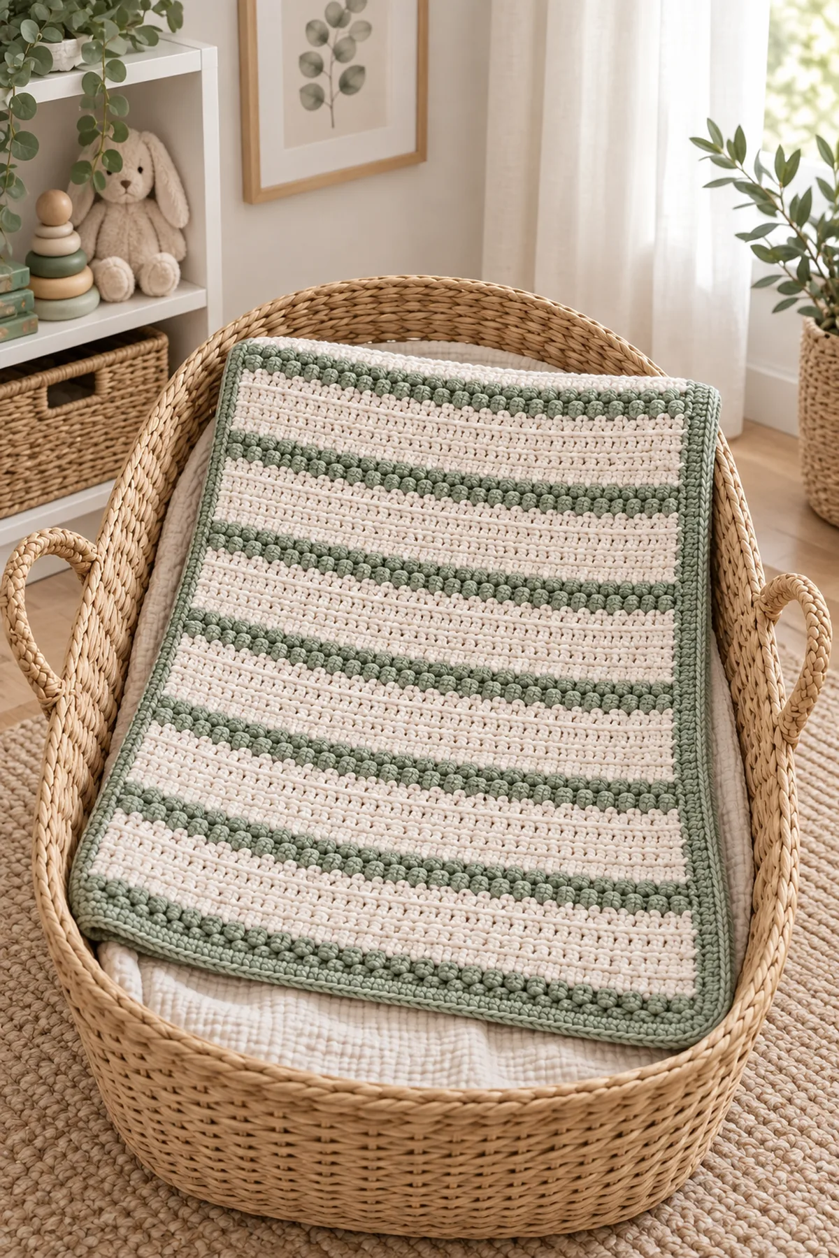 Finished crochet pebble stripe baby blanket styled in a calm bright nursery setting without a baby present