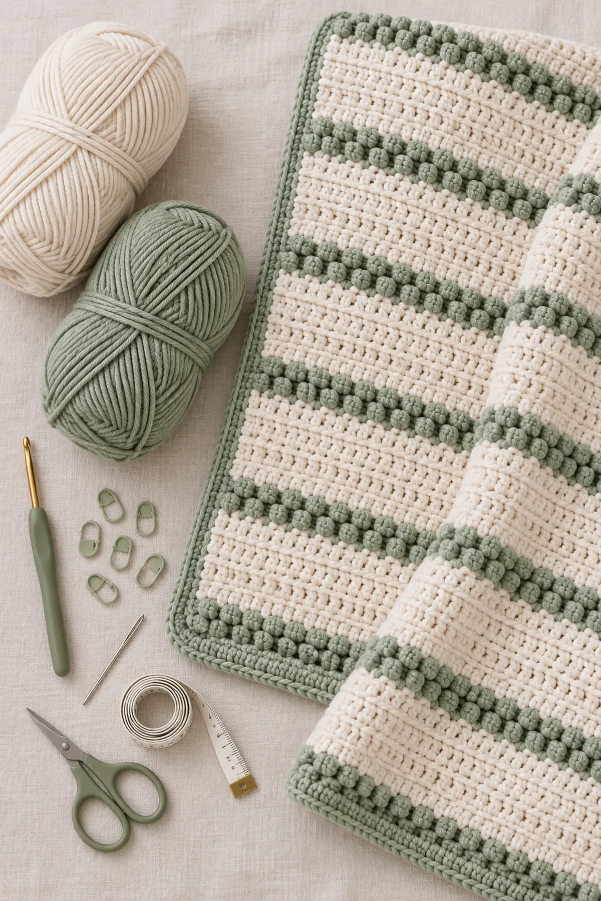 Baby-friendly yarn, crochet hook, stitch markers, tape measure, yarn needle, and scissors for crochet pebble stripe baby blanket