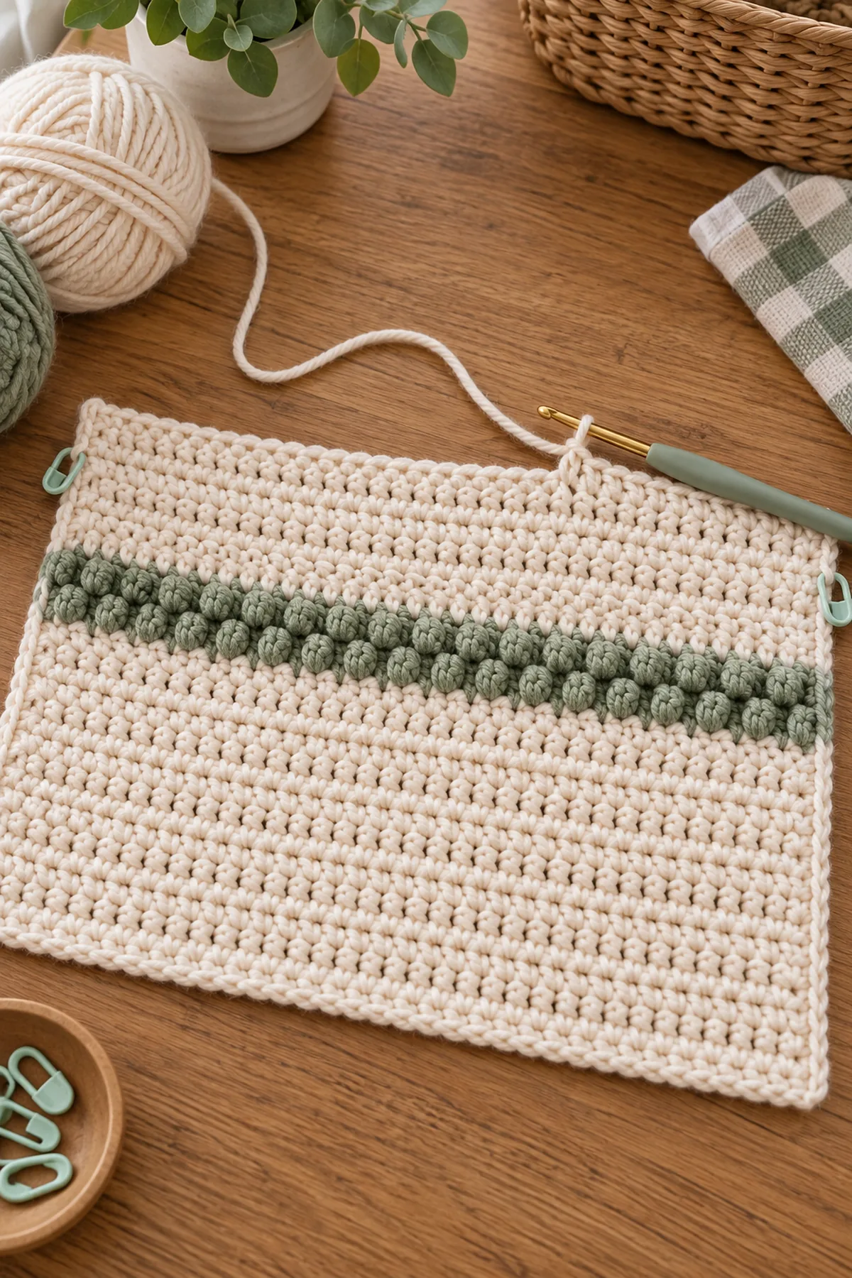 Early counted crochet stage of crochet pebble stripe baby blanket with matching yarn and hook