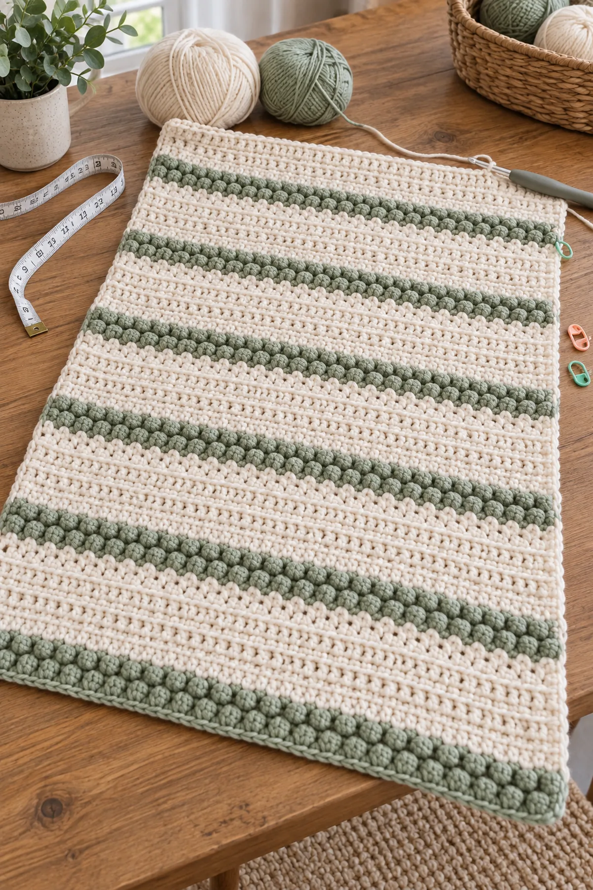 Mid-process construction of crochet pebble stripe baby blanket showing the established shape
