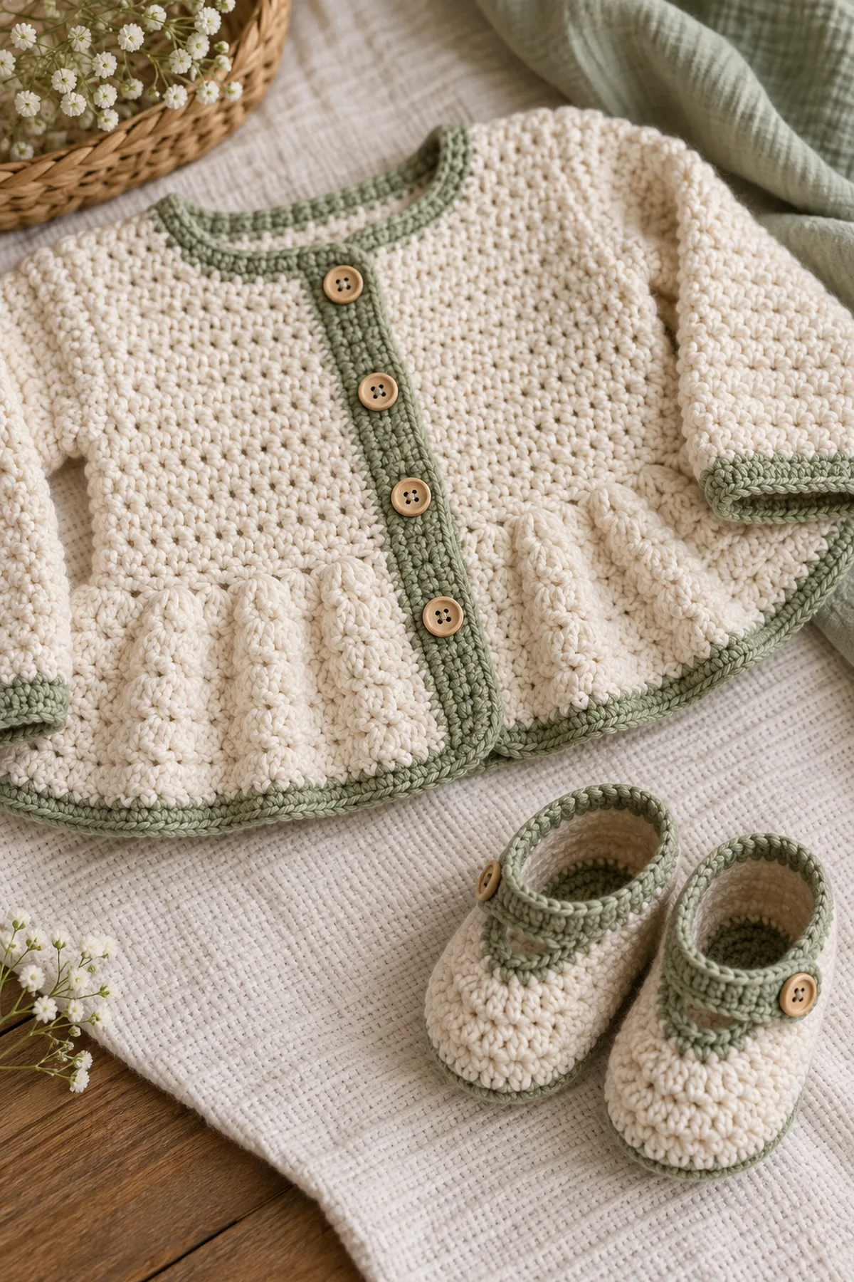 Close-up of the stitch texture and securely finished details on crochet peplum cardigan and booties set