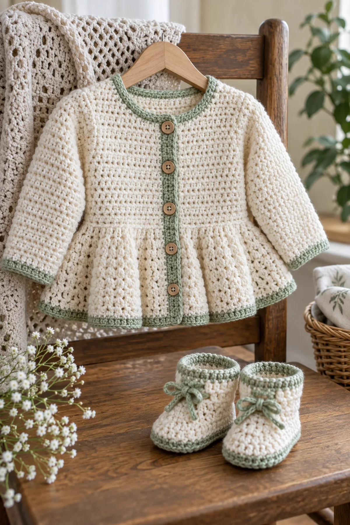 Finished crochet peplum cardigan and booties set in soft cream and sage yarn on a neutral nursery surface