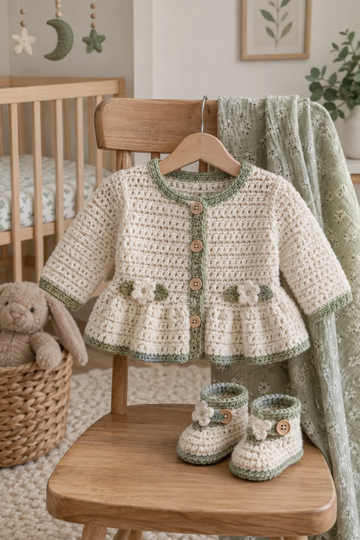 Finished crochet peplum cardigan and booties set styled in a calm bright nursery setting without a baby present