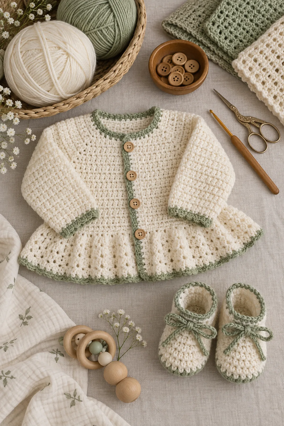 Baby-friendly yarn, crochet hook, stitch markers, tape measure, yarn needle, and scissors for crochet peplum cardigan and booties set