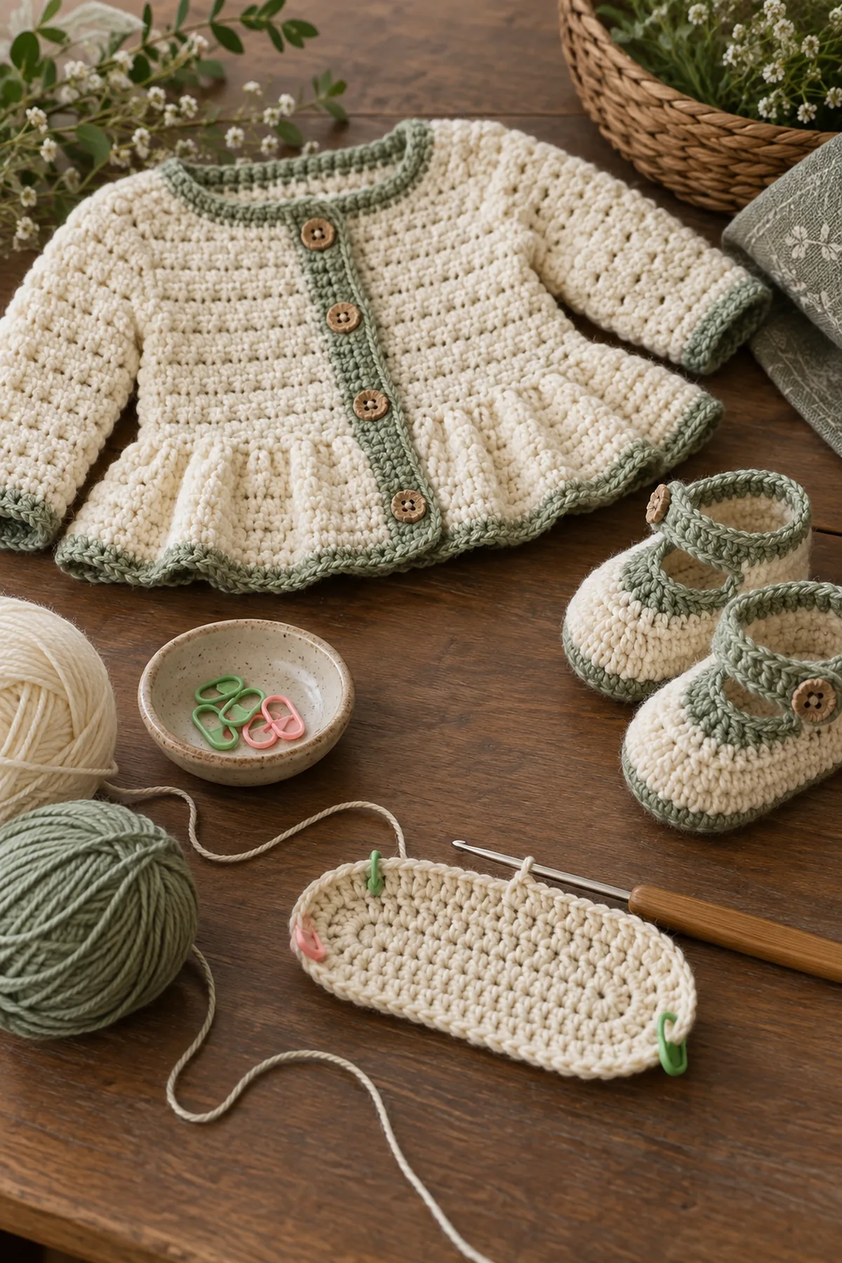 Early counted crochet stage of crochet peplum cardigan and booties set with matching yarn and hook