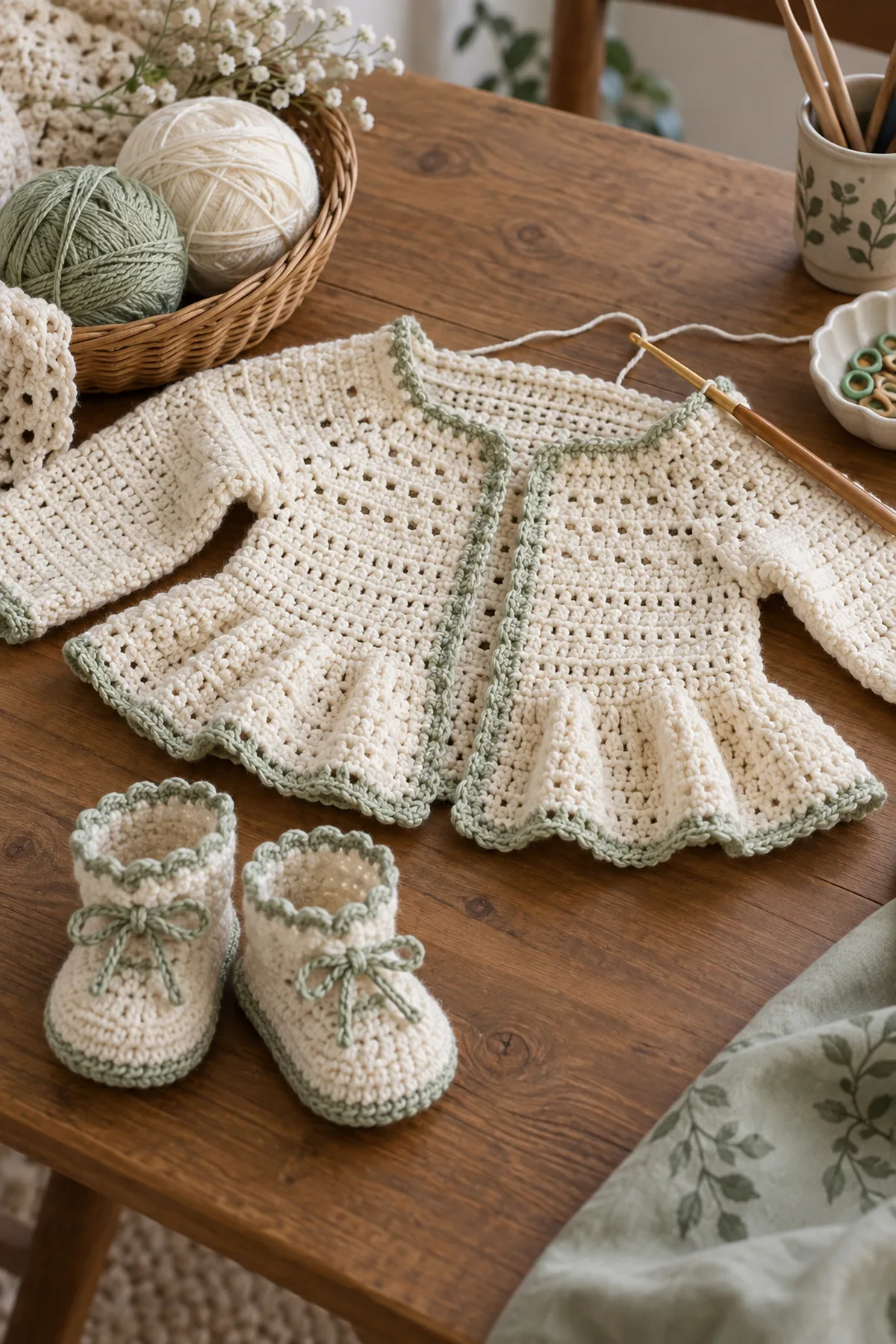 Mid-process construction of crochet peplum cardigan and booties set showing the established shape