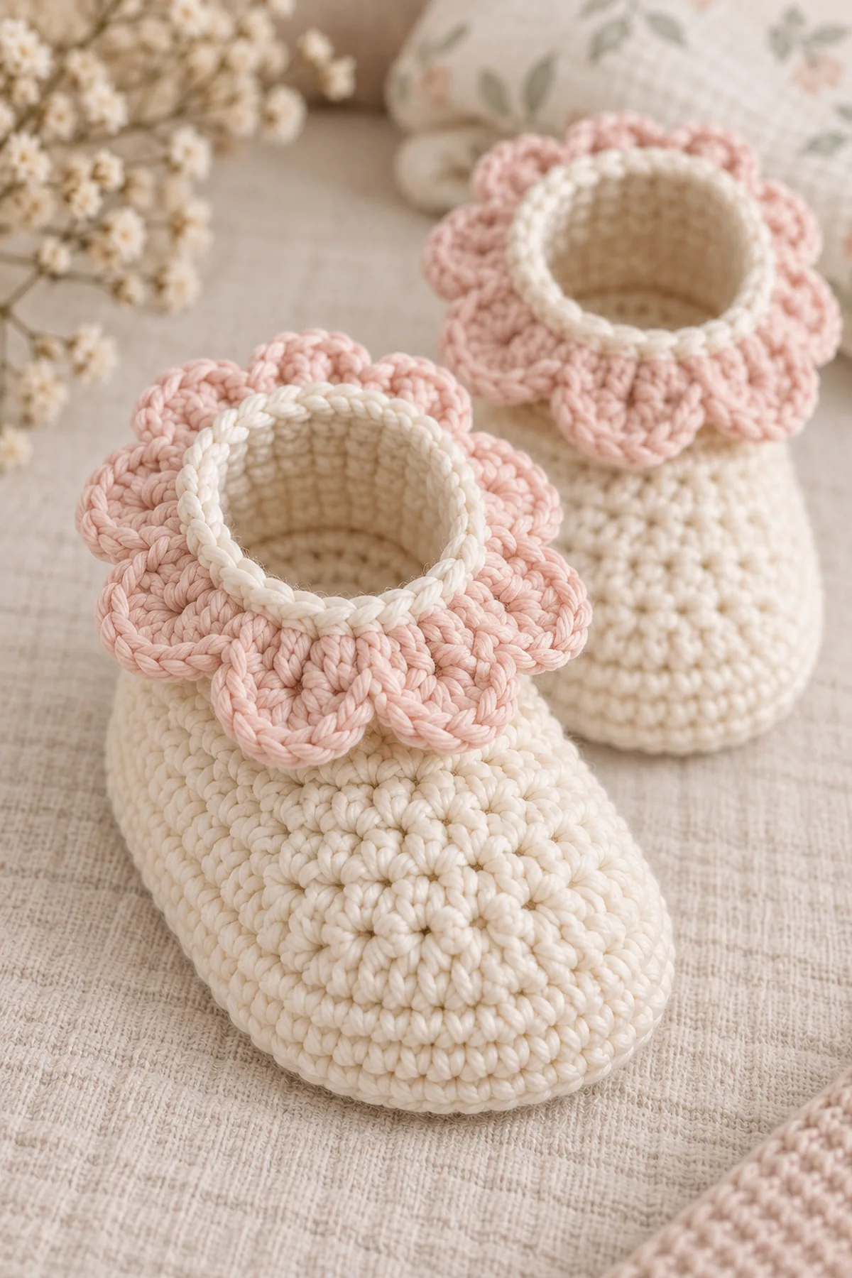 Close-up of centered toe decreases, firm oval sole edge, flexible ankle, and blush three-double-crochet petals