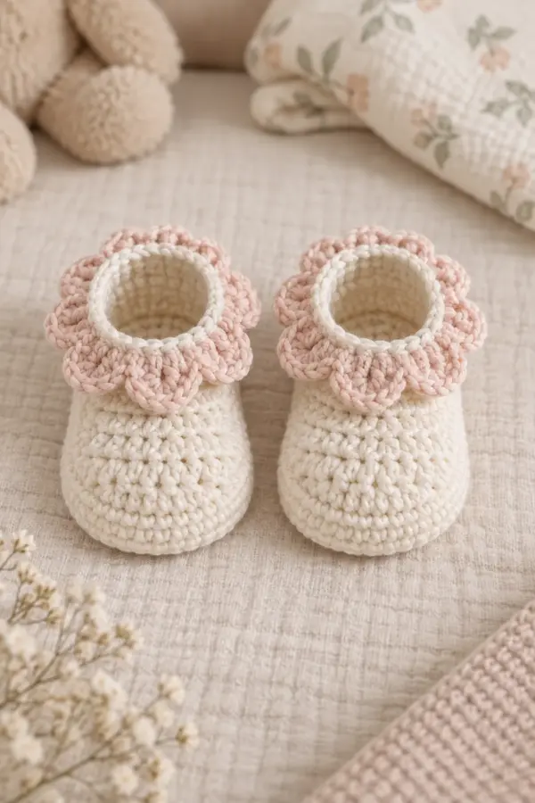 Matching cream baby slippers with measured oval soles and soft blush petal ruffles around both ankle openings