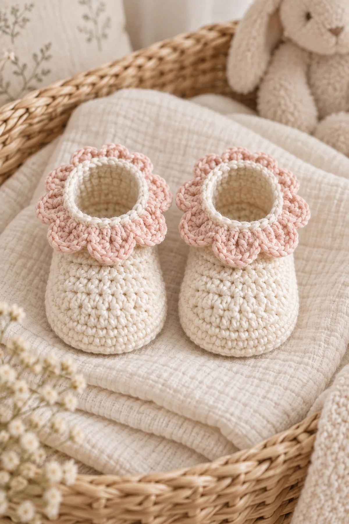 Completed cream and blush petal ruffle baby slippers styled as a matching pair on soft neutral nursery fabric