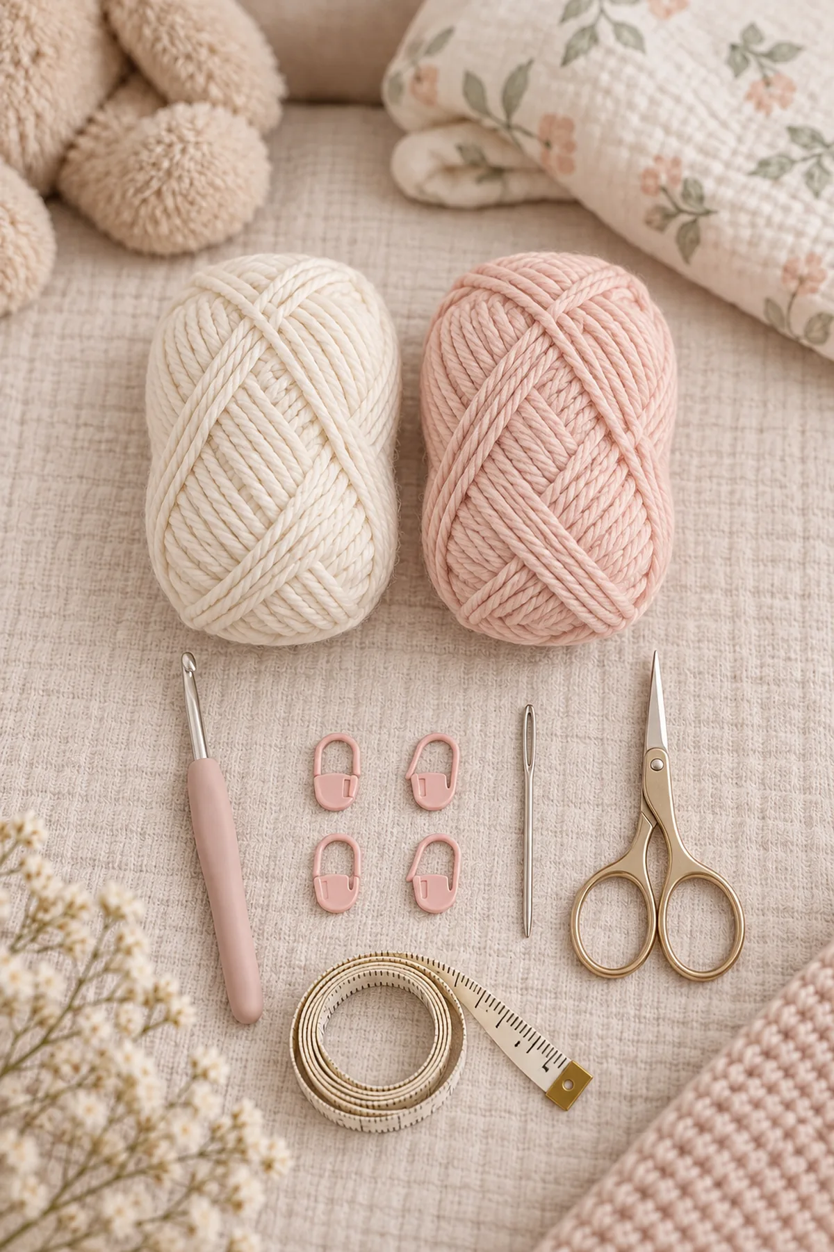 Cream and blush DK yarn, 3.5 mm hook, stitch markers, tape measure, yarn needle, and scissors for ruffle baby slippers