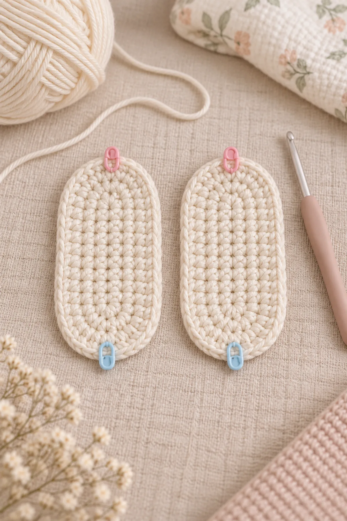 Two counted cream oval baby-slipper soles with toe and heel markers beside a 3.5 mm hook