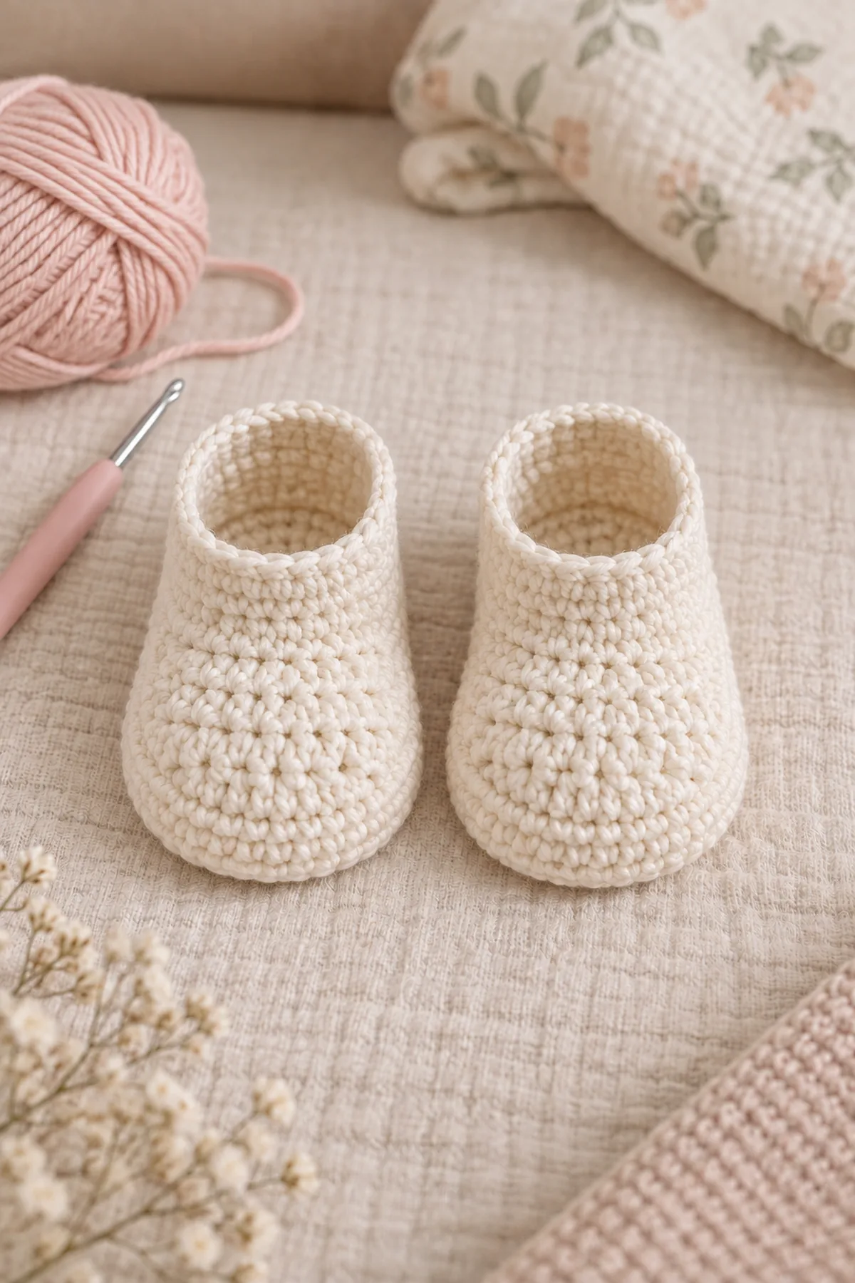 Cream shaped slipper uppers with closed toes and full heels before the blush ruffle round