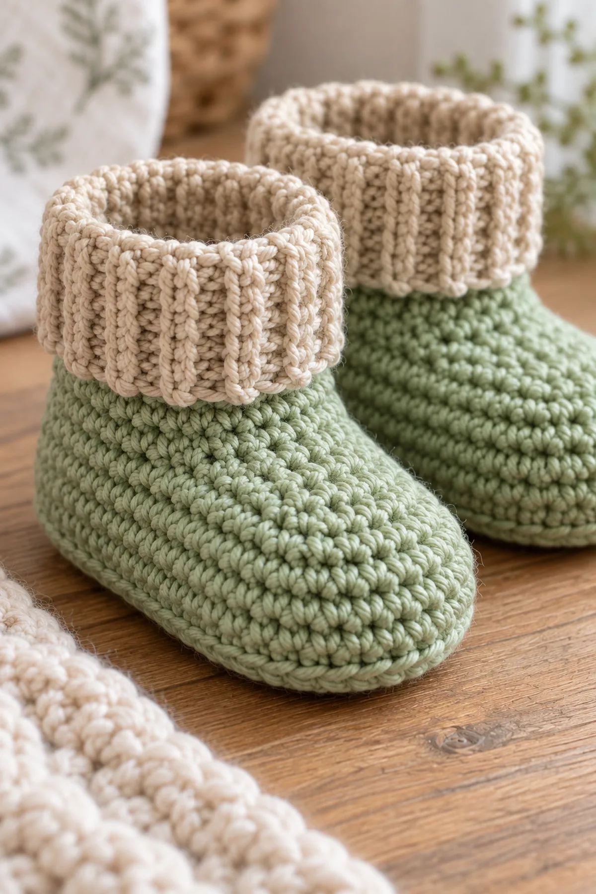 Close view of pistachio toe shaping and stretchy oatmeal alternating-loop ribbed cuff
