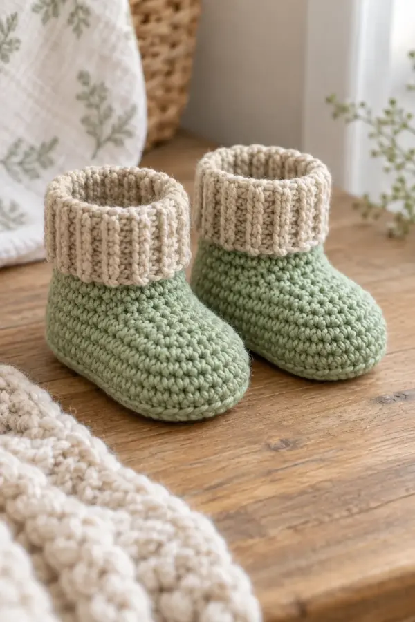 Matched pair of pistachio-green crochet newborn booties with shaped toes and oatmeal ribbed cuffs