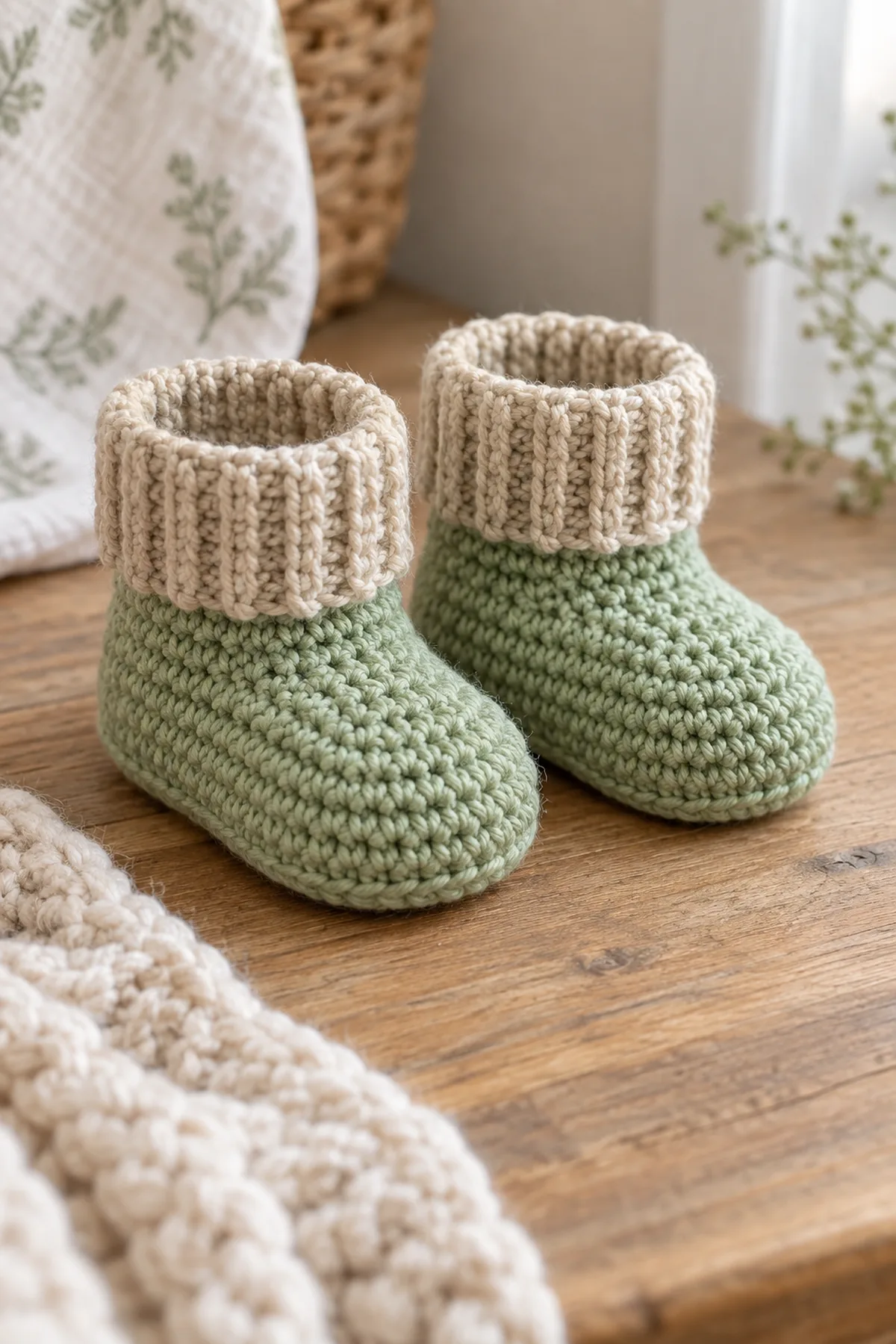 Matched pair of pistachio-green crochet newborn booties with shaped toes and oatmeal ribbed cuffs
