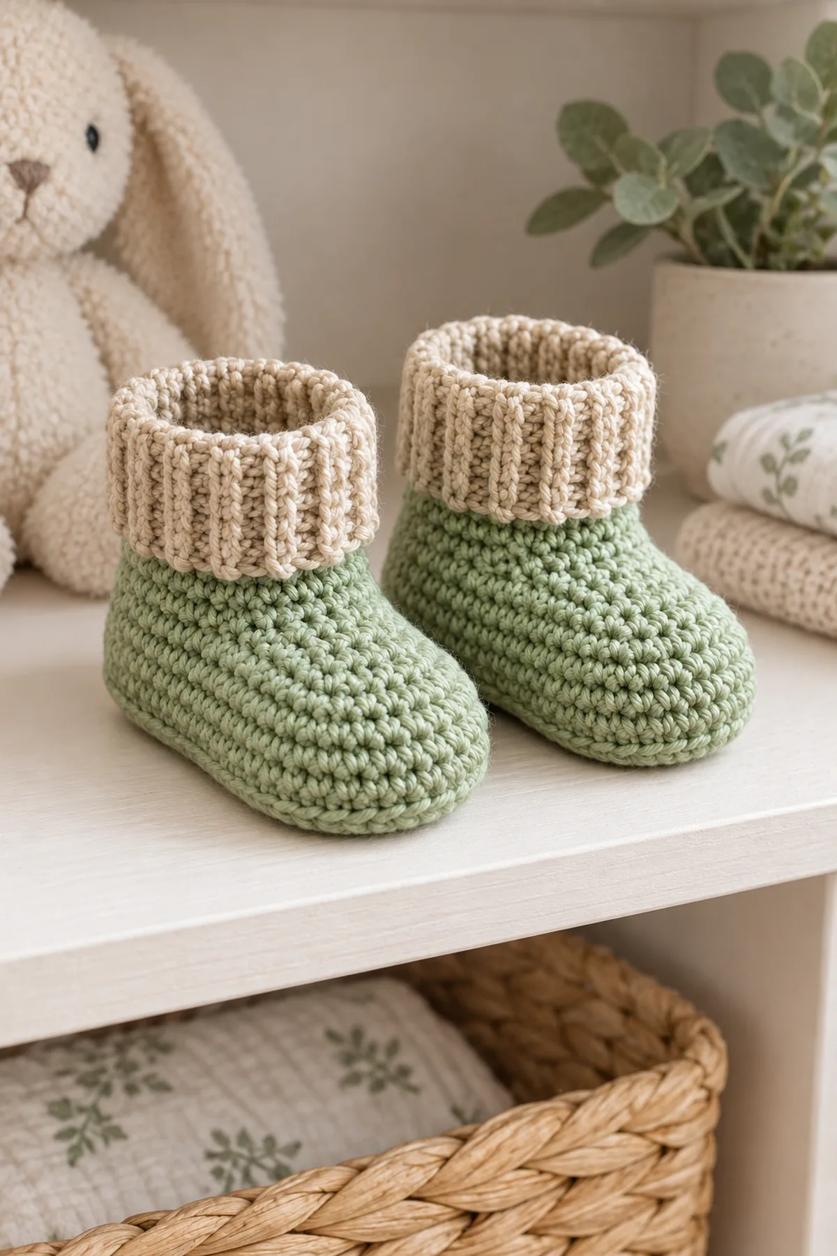 Matched pistachio and oatmeal newborn booties displayed on a clean neutral nursery shelf
