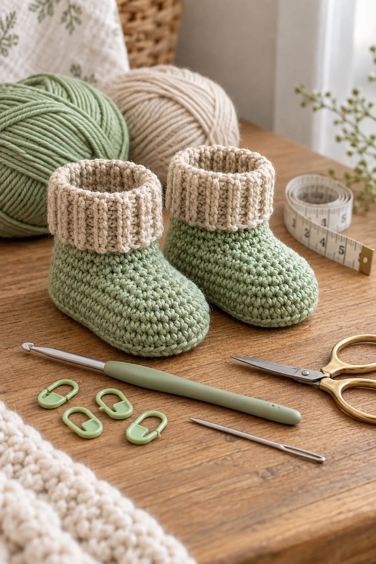 Pistachio and oatmeal DK yarn, 3.5 mm hook, four markers, tape measure, needle, and scissors