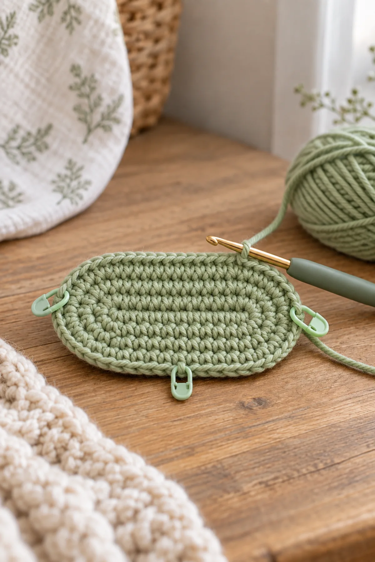 First counted pistachio oval bootie sole with hook and stitch markers