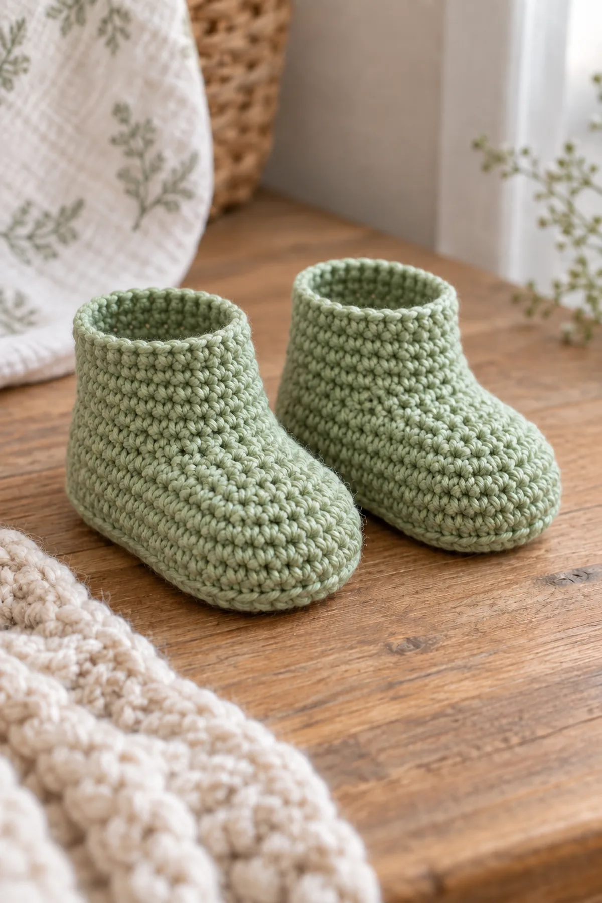 Pair of pistachio bootie uppers after marked toe decreases and before oatmeal cuffs