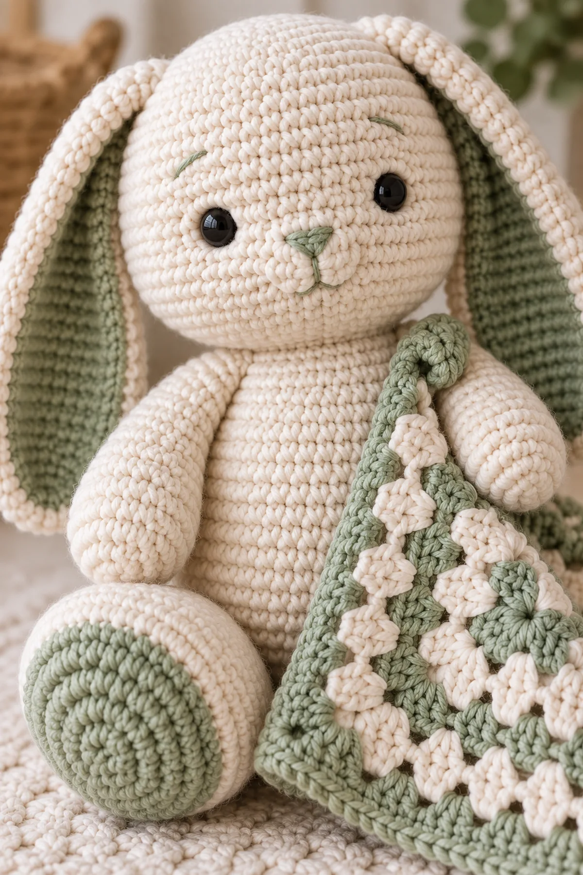 Close-up of the stitch texture and securely finished details on crochet plump bunny amigurumi