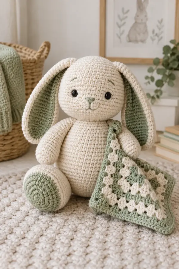Finished crochet plump bunny amigurumi in soft cream and sage yarn on a neutral nursery surface