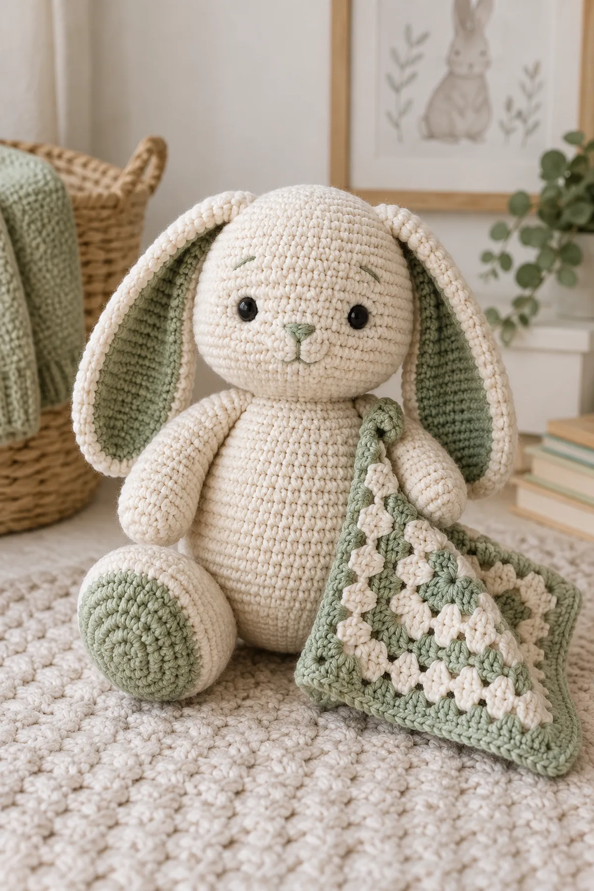 Finished crochet plump bunny amigurumi in soft cream and sage yarn on a neutral nursery surface