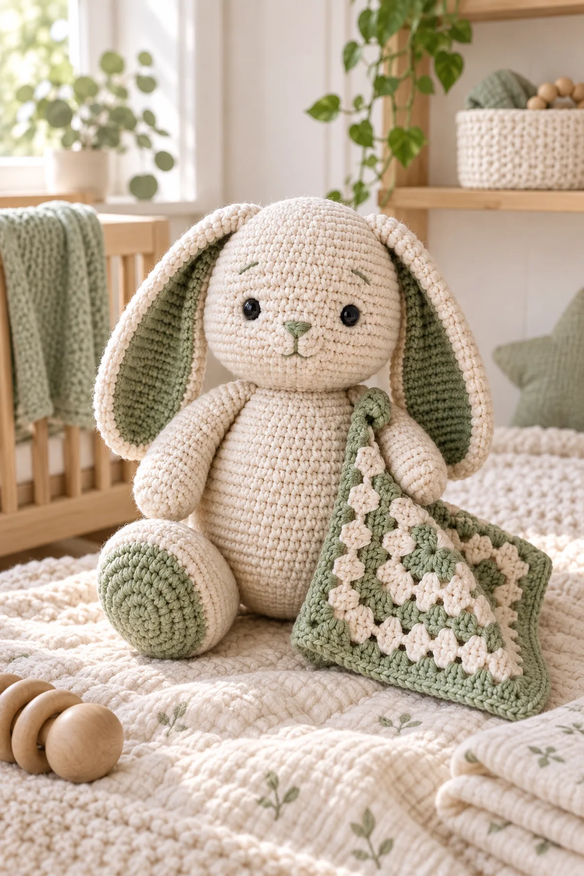 Finished crochet plump bunny amigurumi styled in a calm bright nursery setting without a baby present