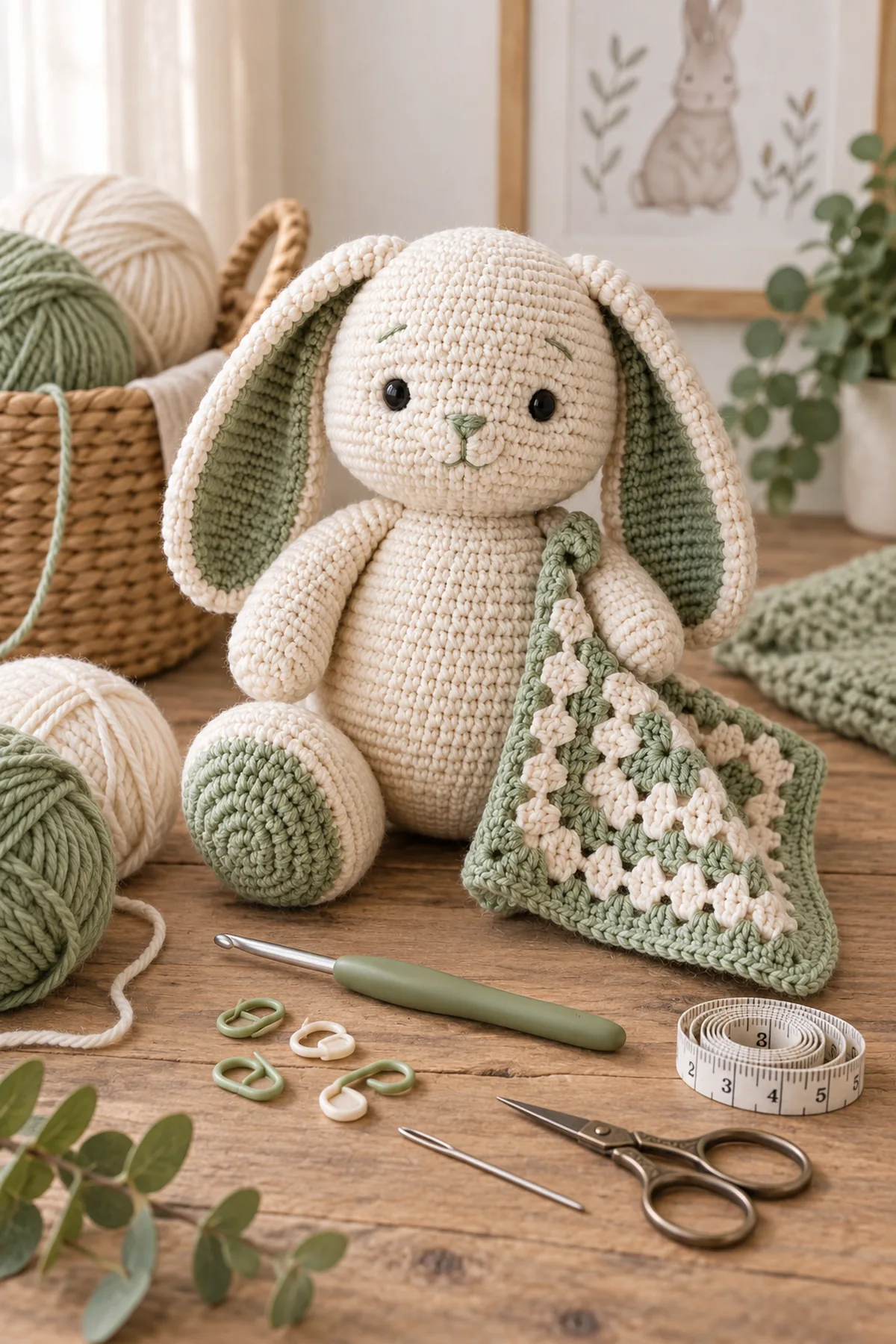 Baby-friendly yarn, crochet hook, stitch markers, tape measure, yarn needle, and scissors for crochet plump bunny amigurumi