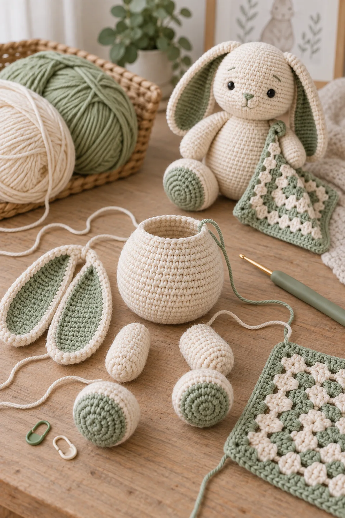Early counted crochet stage of crochet plump bunny amigurumi with matching yarn and hook