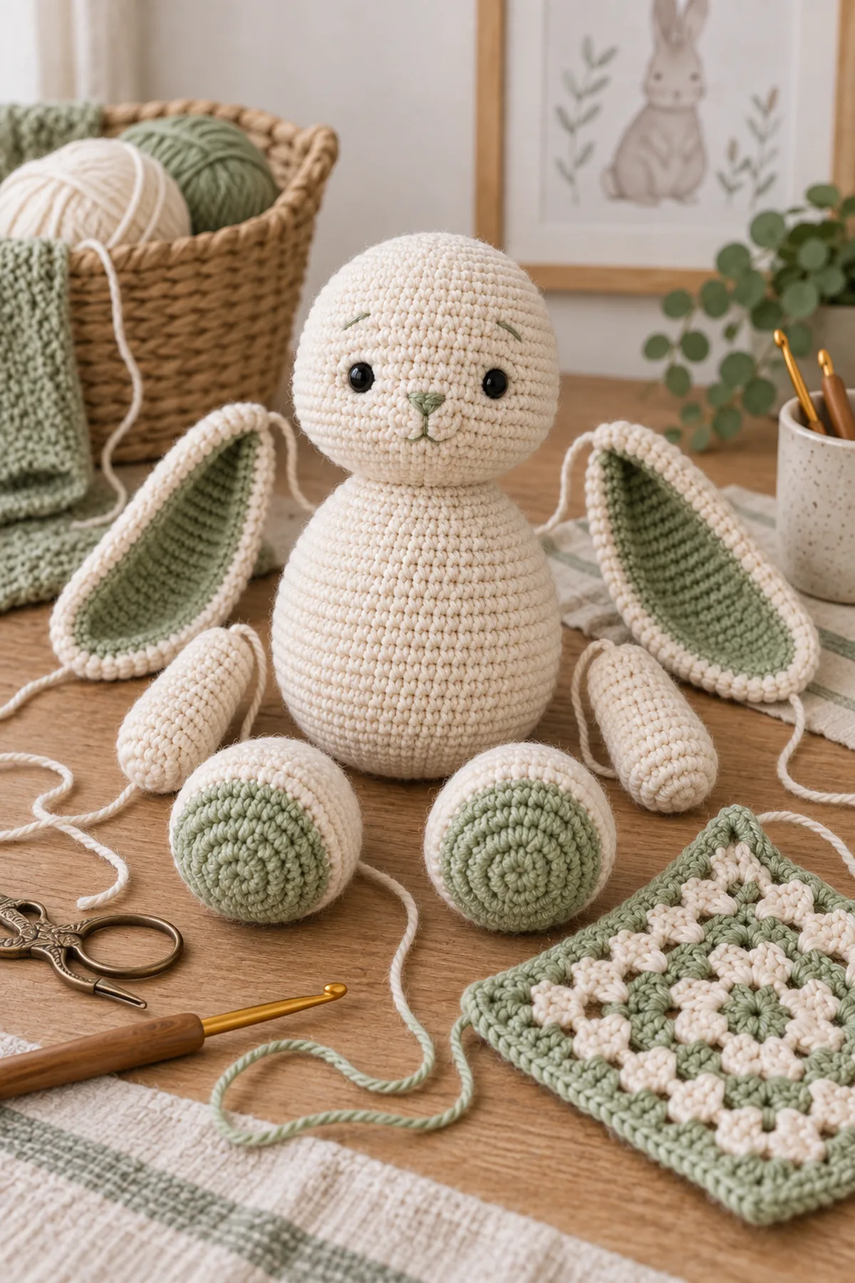 Mid-process construction of crochet plump bunny amigurumi showing the established shape