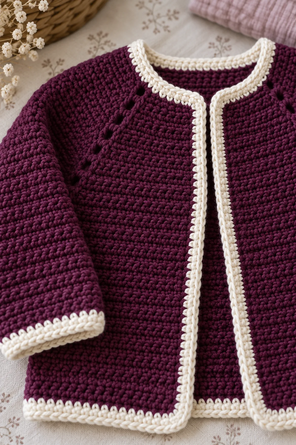 Close view of counted plum raglan seam and narrow cream button-free front edge